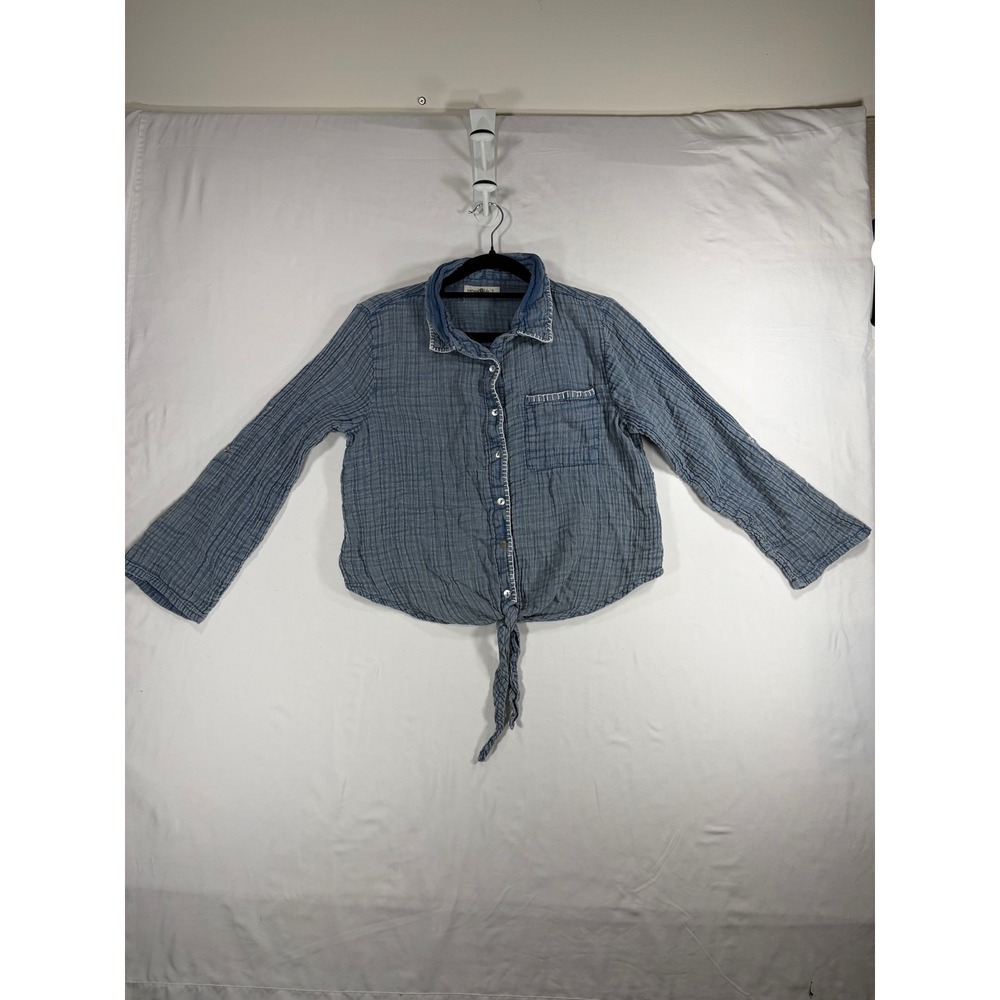 Natural Life Gauze Button Down Women Small Blue Excellent Tie Front Whipstitch